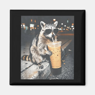 (on back) raccoon drinking iced coffee funny anima magnet