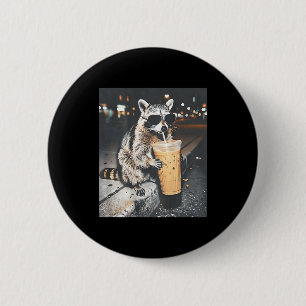 (on back) racoon drinking iced coffee funny anima 6 cm round badge
