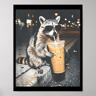 (on back) racoon drinking iced coffee funny anima poster
