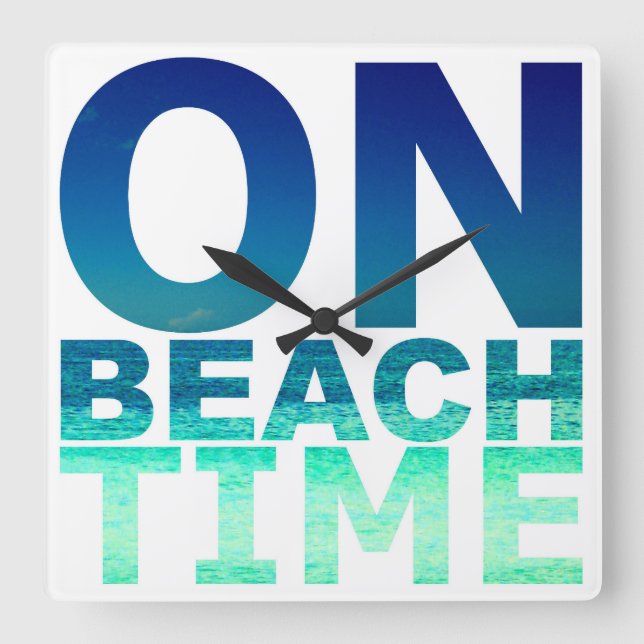 On Beach Time Blue & Turquoise Typography Clock (Front)
