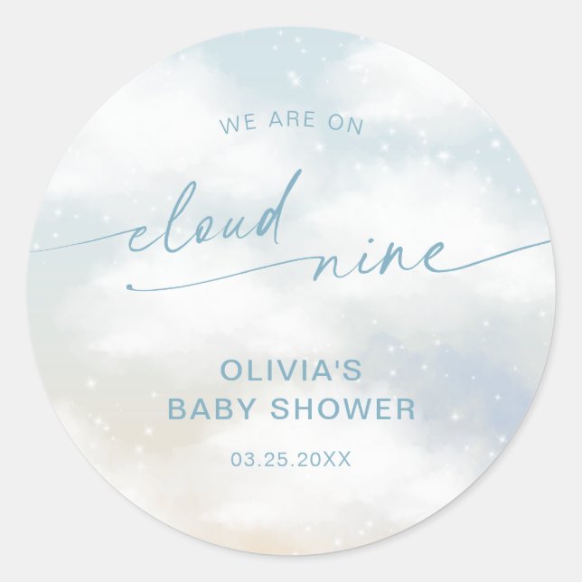 On Cloud 9 Baby Shower Vibrant Blue Classic Round Sticker (Front)