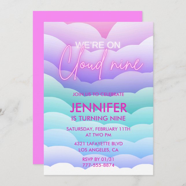 On Cloud 9 Birthday Invitation 9th Magical Pink (Front/Back)