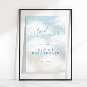 On Cloud 9 Dreamy Clouds Baby Shower Blue Welcome Poster