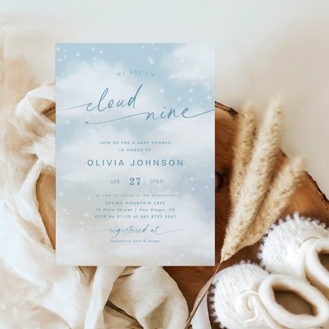 On Cloud 9 Dreamy Clouds Vibrant Blue Baby Shower  Invitation (Creator Uploaded)