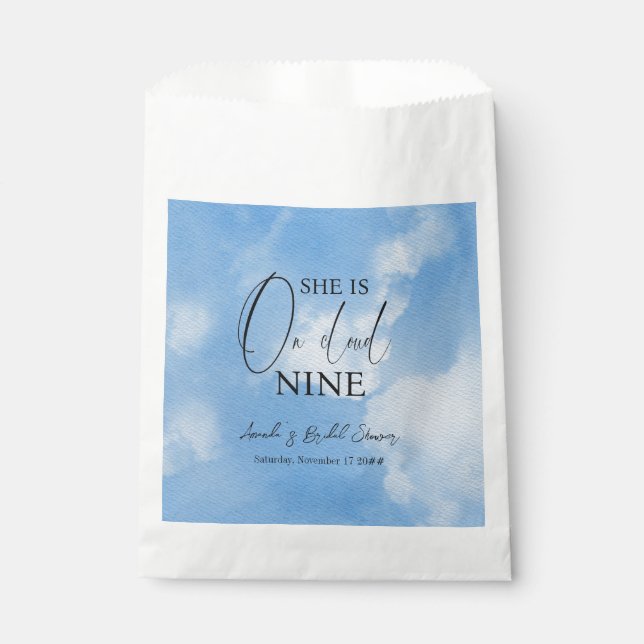 On Cloud Nine 9 Calligraphy Blue Bridal Shower Favour Bag (Front)