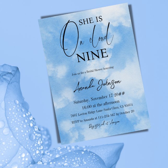 On Cloud Nine 9 Calligraphy Blue Bridal Shower Invitation (Creator Uploaded)