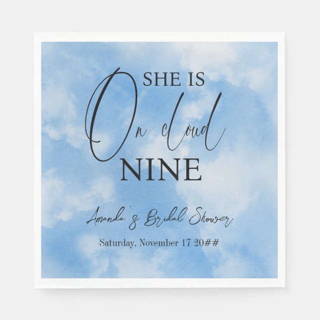 On Cloud Nine 9 Calligraphy Blue Bridal Shower Napkin (Front)