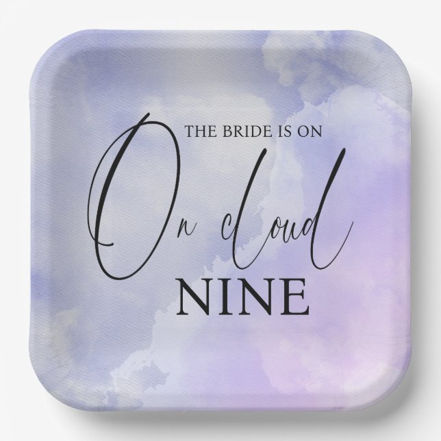 On Cloud Nine 9 Calligraphy Blue Bridal Shower Paper Plate (Front)