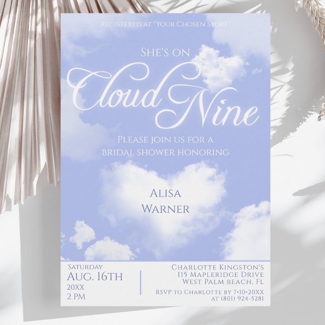 On Cloud Nine Dreamy Heart Clouds Bridal Shower Invitation (She's On Cloud 9 Elegant Script Bridal Shower Invitation)