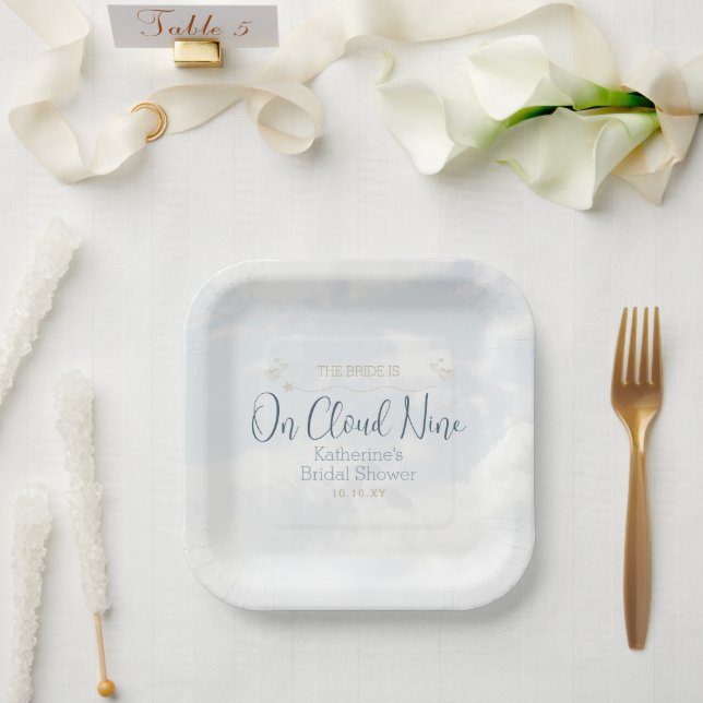 On Cloud Nine Elegant Dusty Blue Bridal Shower Paper Plate (Wedding)