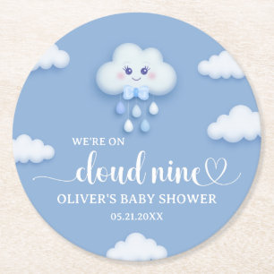 On Cloud Nine Modern Blue Boy Baby Shower  Round Paper Coaster