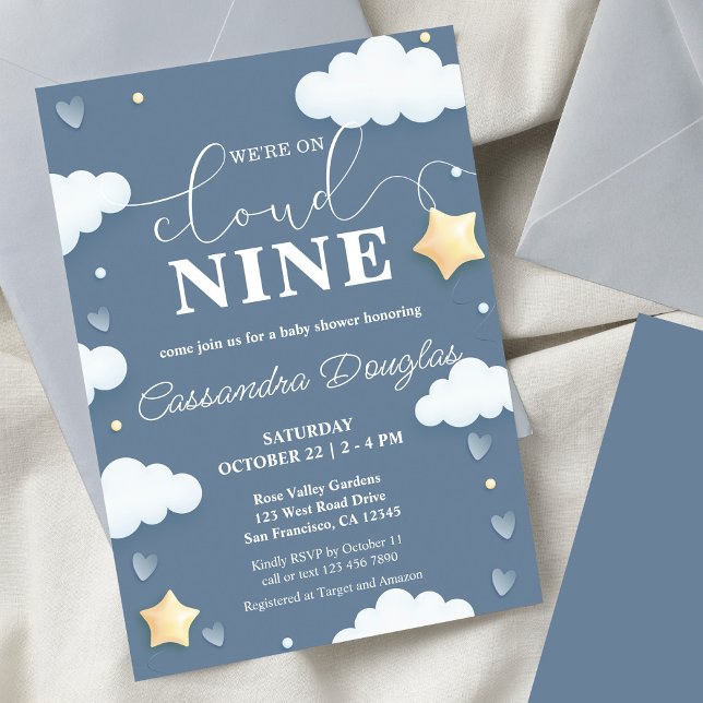 On Cloud Nine Modern Dusty Blue Baby Shower Invitation (Creator Uploaded)