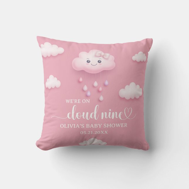 On Cloud Nine Modern Pink Girl Baby Shower  Cushion (Front)