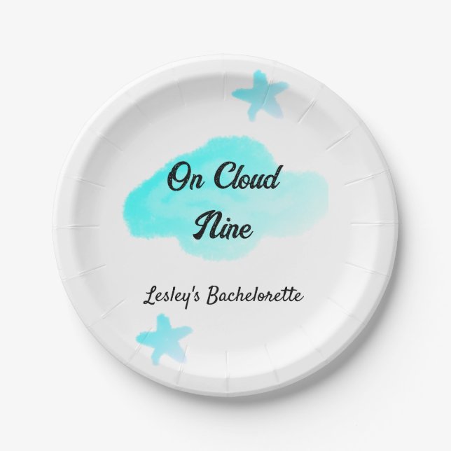 On Cloud nine pastel blue clouds star bachelorett Paper Plate (Front)