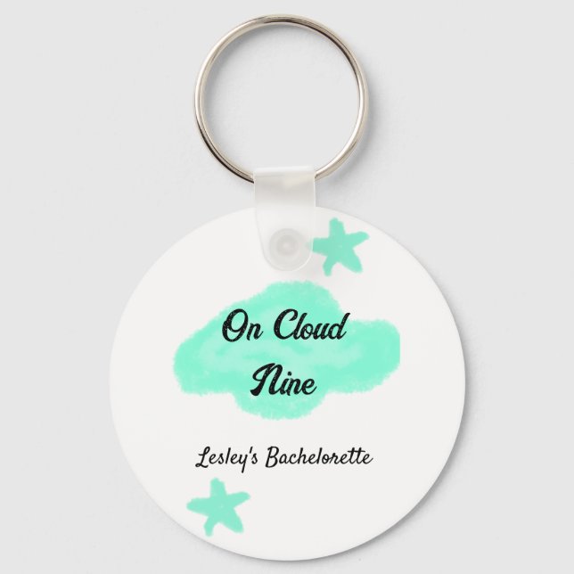 On Cloud nine pastel green clouds star bachelorett Key Ring (Front)