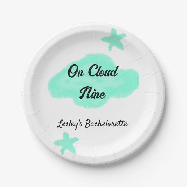 On Cloud nine pastel green clouds star bachelorett Paper Plate (Front)