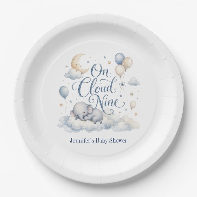 On Cloud Nine, Personalized Blue Elephant Moon Boy Paper Plate (Front)