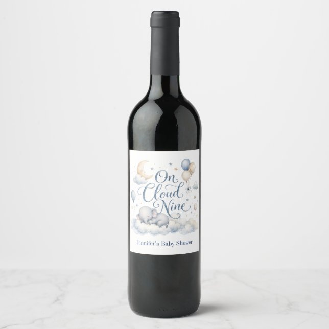 On Cloud Nine, Personalized Blue Elephant Moon Boy Wine Label (Front)