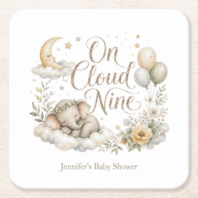 On Cloud Nine, Personalized Gender Neutral Elephan Square Paper Coaster (Front)