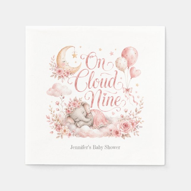 On Cloud Nine, Personalized Pink Elephant Moon Gir Napkin (Front)