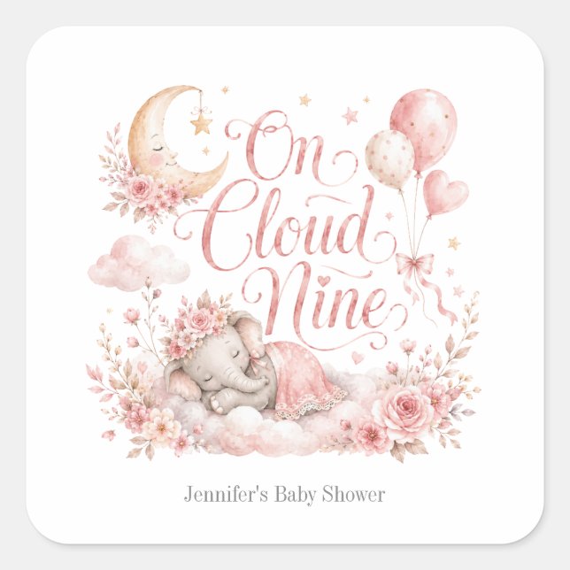 On Cloud Nine, Personalized Pink Elephant Moon Gir Square Sticker (Front)