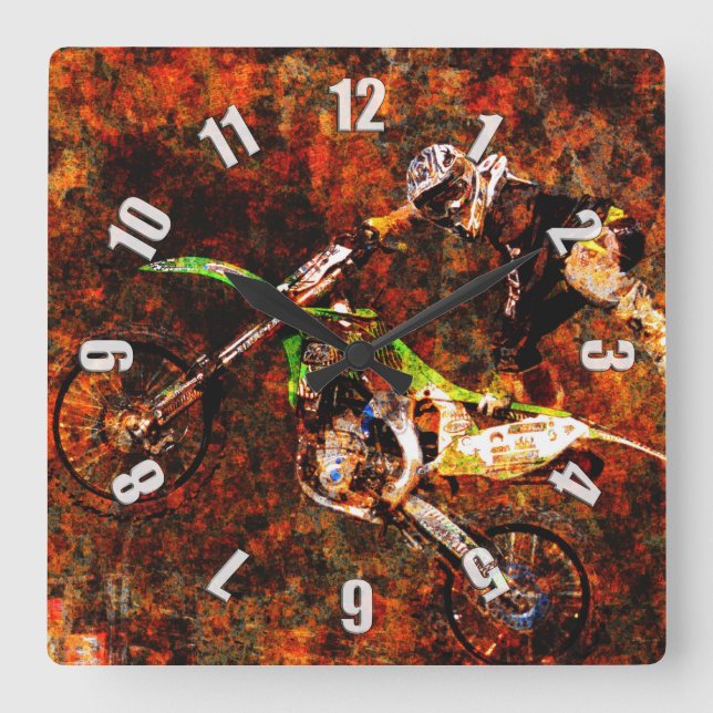 "On Fire" Freestyle Motocross Rider Square Wall Clock (Front)