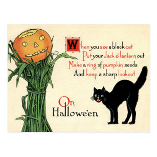 Fabric Block Halloween Vintage Postcard Image Black Cat Frightened Boy Candle