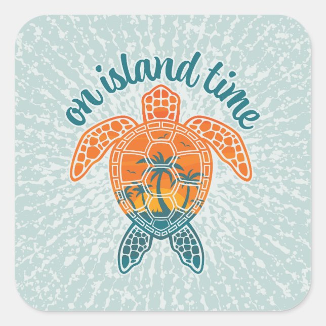 On Island Time Tropical Sunset Sea Turtle Design Square Sticker (Front)