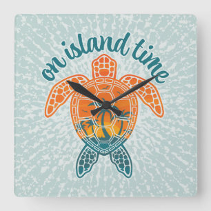 On Island Time Tropical Sunset Sea Turtle Design Square Wall Clock