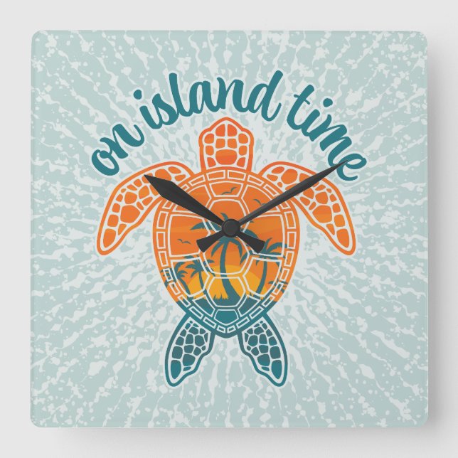 On Island Time Tropical Sunset Sea Turtle Design Square Wall Clock (Front)