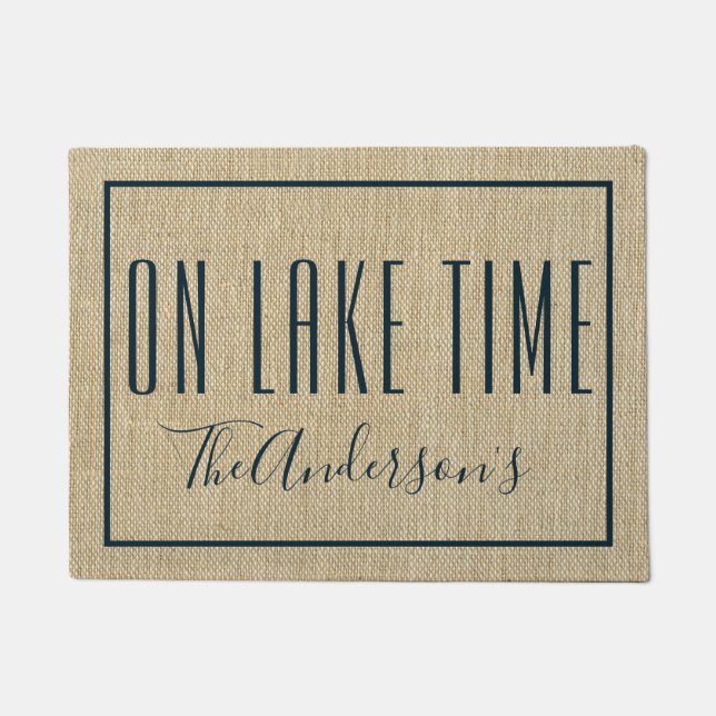 On Lake Time Personalised Burlap Look Doormat (Front)