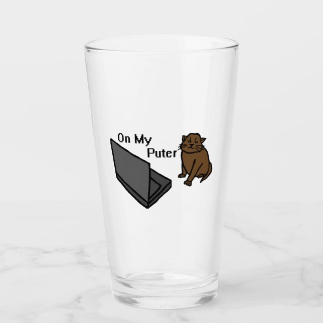 On My Puter Funny Computer Brown Cat Meme Glass (Front)