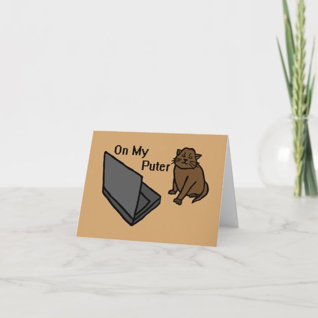 On My Puter Funny Computer Brown Cat Meme Thank You Card (Front)