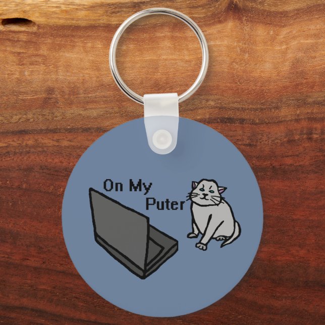 On My Puter Funny Computer Gray Cat Meme Key Ring (Back)