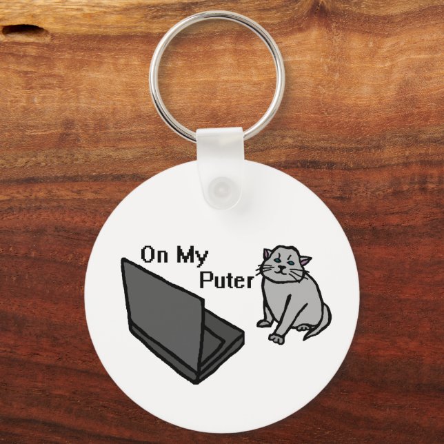 On My Puter Funny Computer Gray Cat Meme Key Ring (Front)