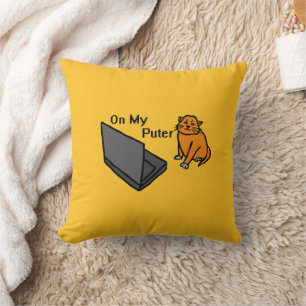 On My Puter Funny Computer Orange Cat Meme Cushion