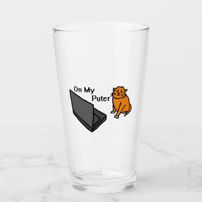 On My Puter Funny Computer Orange Cat Meme Glass (Front)