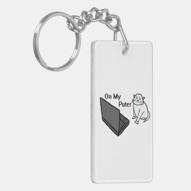 On My Puter Funny Computer White Cat Meme Key Ring (Front Left)