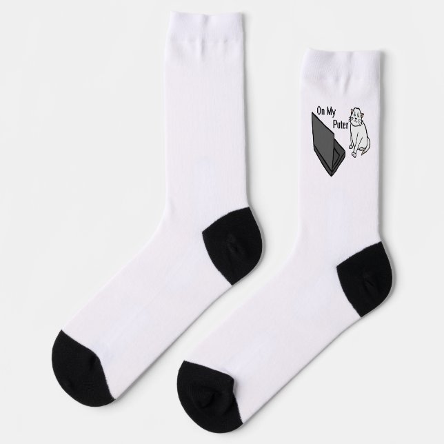 On My Puter Funny Computer White Cat Meme Socks (Left)