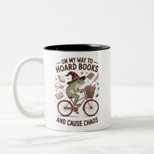 On My Way To Hoard Books And Cause Chos Frog Funny Two-Tone Coffee Mug