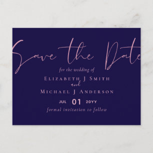 ON SALE! Navy Blue Rosegold Save the Date Wedding Postcard