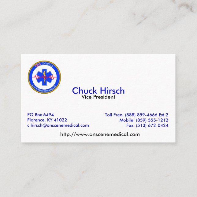 on-scene, Chuck Hirsch, Vice President, PO Box ... Business Card (Front)