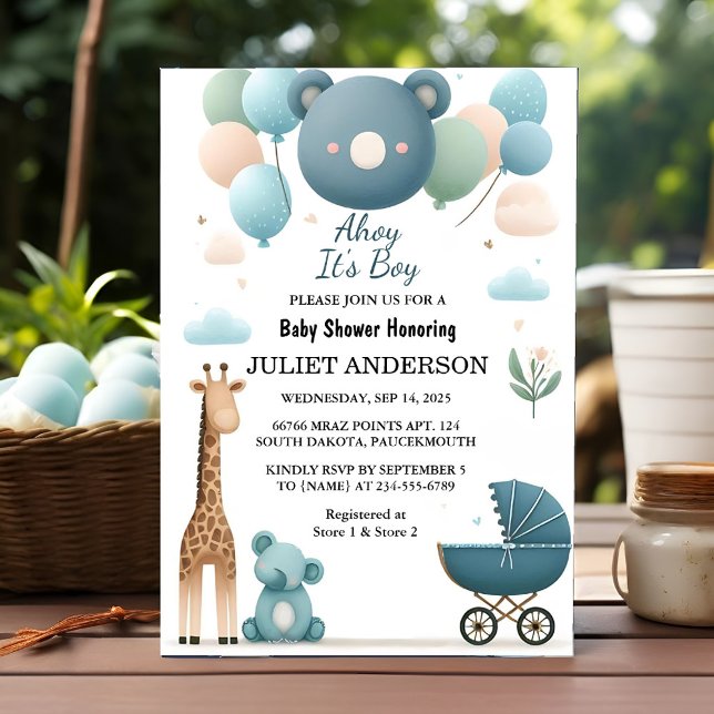 On Soft Boho Bear Blue Cub Welcome Baby Boy Shower Invitation (Creator Uploaded)