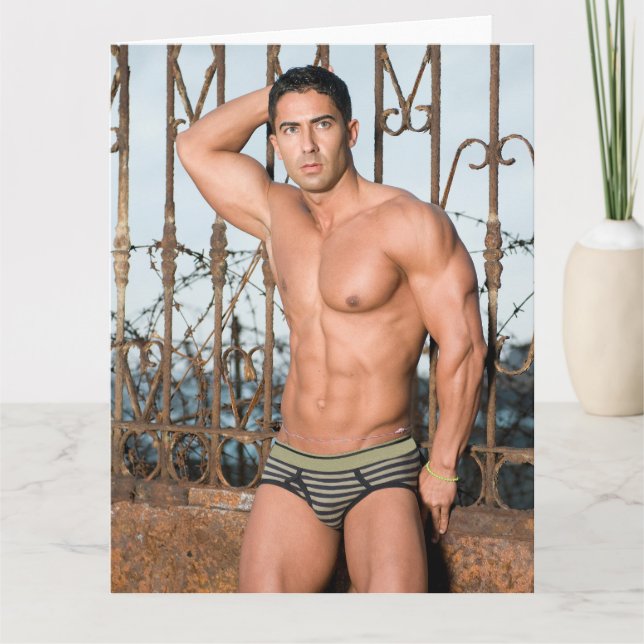 On the Balcony Hot Guy LGBT Greetings Card (Front)