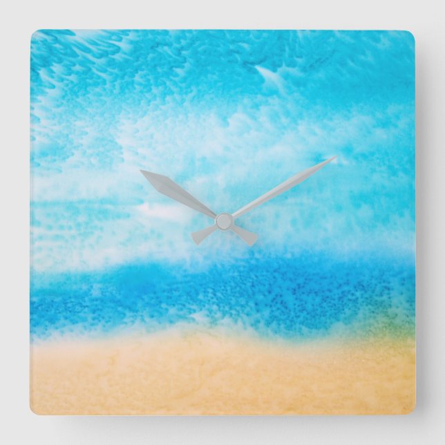 'On the Beach' Abstract Silk Painting Square Wall Clock (Front)