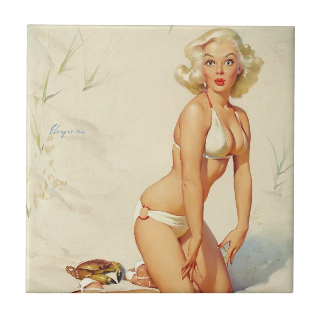 On the Beach Retro Pin-up Girl Ceramic Tile (Front)