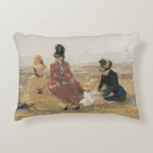On the Beach Trouville 1887 by Eugene Boudin Decorative Cushion