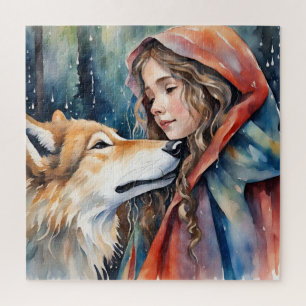 On the Edge of a Fairy Tale: a girl and a wolf Jigsaw Puzzle
