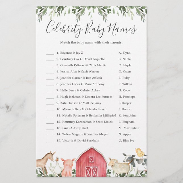 On The Farm Baby Shower Celebrity Baby Names Game (Front)