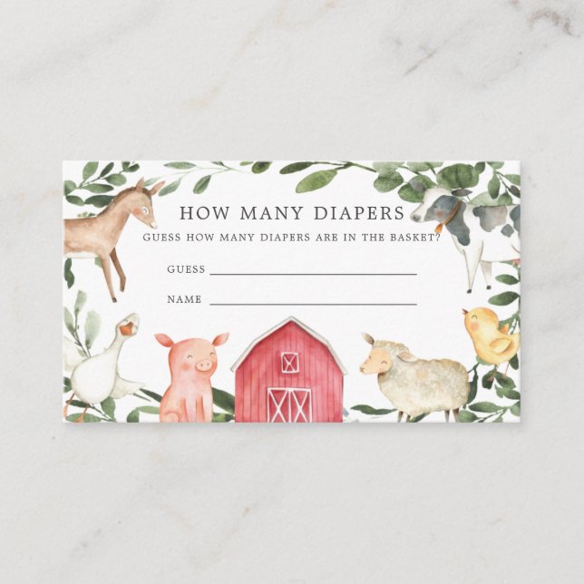 On The Farm Baby Shower Guess How Many Diapers Enclosure Card (Front)